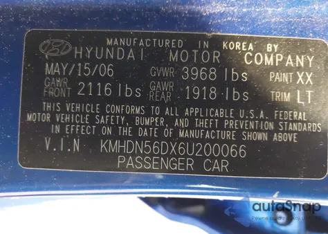 2006 Hyundai Elantra z USA, uszkodzony, nr VIN KMHDN56DX6U200066